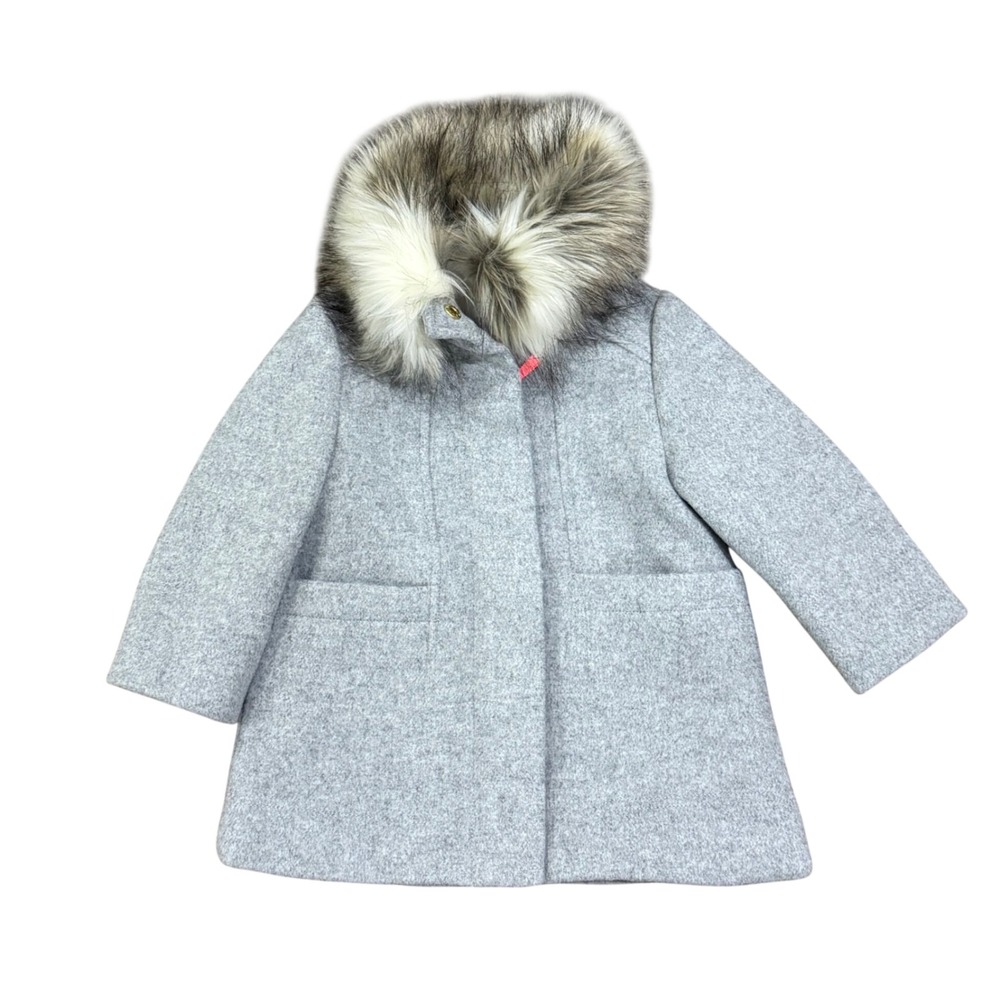 J.Crew Crewcuts Girls Gray Wool Blend Faux Fur Collar Zip Coat Size 2